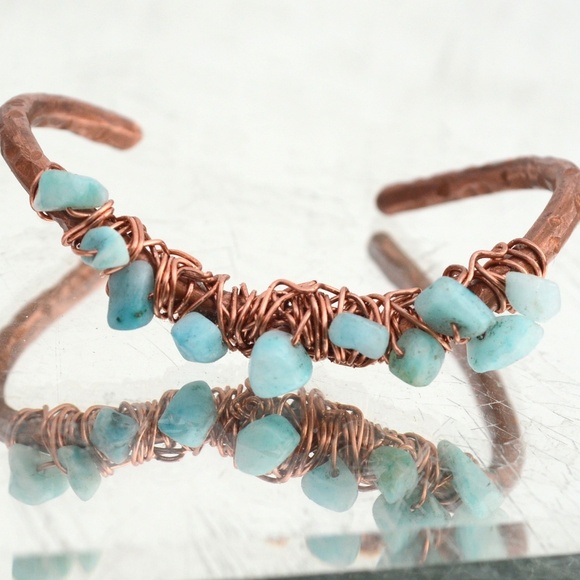 Blue Amazonite Copper Cuff Bracelet Healing Reiki Energy Handmade Boho Gift - Picture 4 of 6